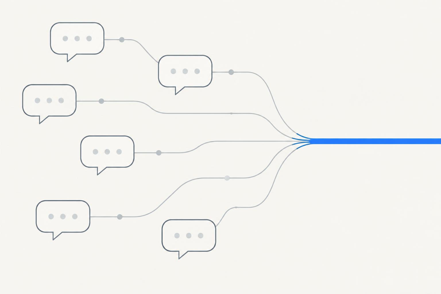 Conversation bubbles connected by lines converging into one blue pipeline