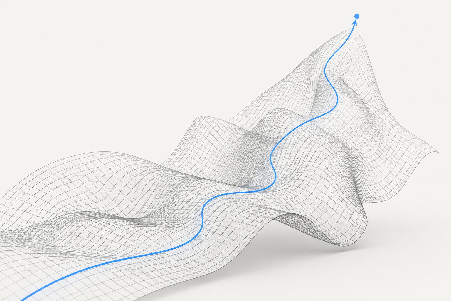 A blue path climbing across a wireframe 3D fabric mesh